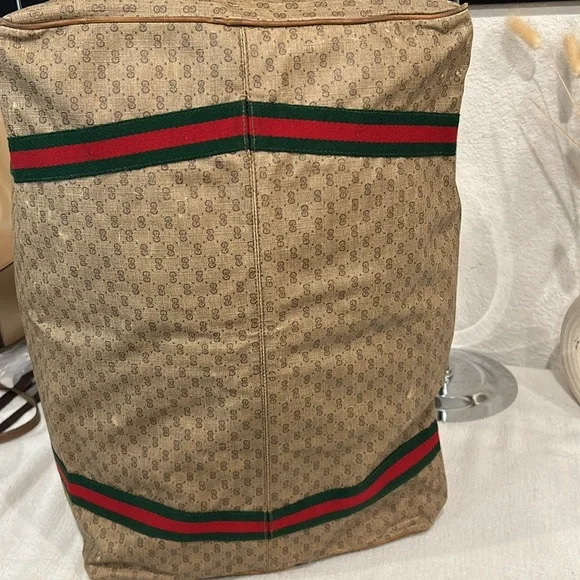 Gucci Duffle Bag GG Logo Canvas Brown Leather Trim Folding Travel Carry On - Picture 11 of 13